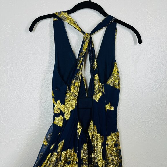 Xscape Silk Navy Blue and Gold Metallic Maxi Evening Gown - Picture 5 of 12
